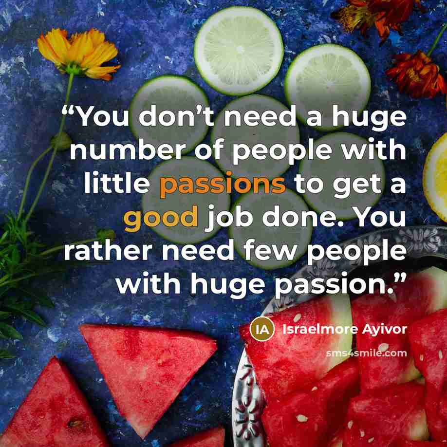 “You don’t need a huge number of people with little passions to get a good job done. You rather need few people with huge passion.” quote by Israelmore Ayivor