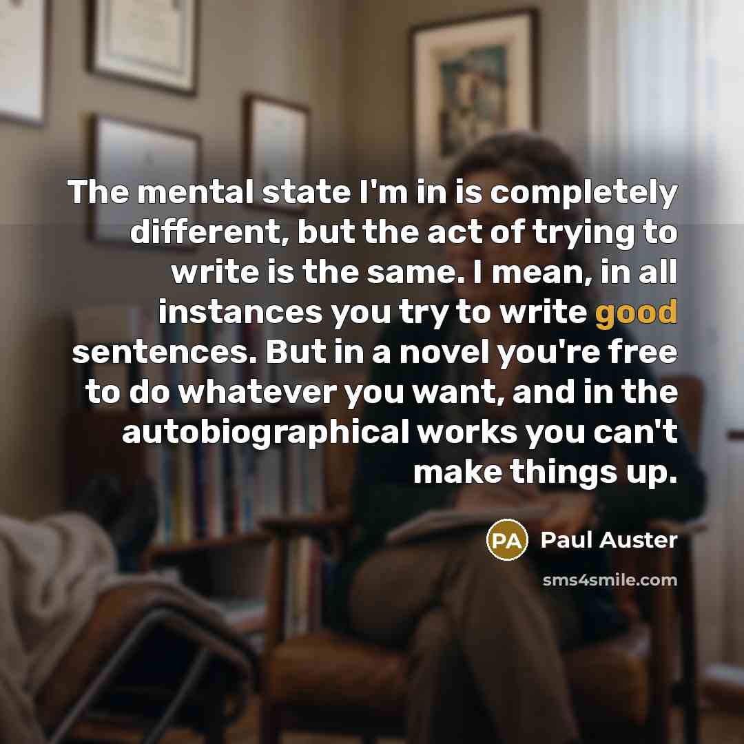“The mental state I'm in is completely different, but the act of trying to write is the same. I mean, in all instances you try to write good sentences. But in a novel you're free to do whatever you want, and in the autobiographical works you can't make things up.” quote by Paul Auster
