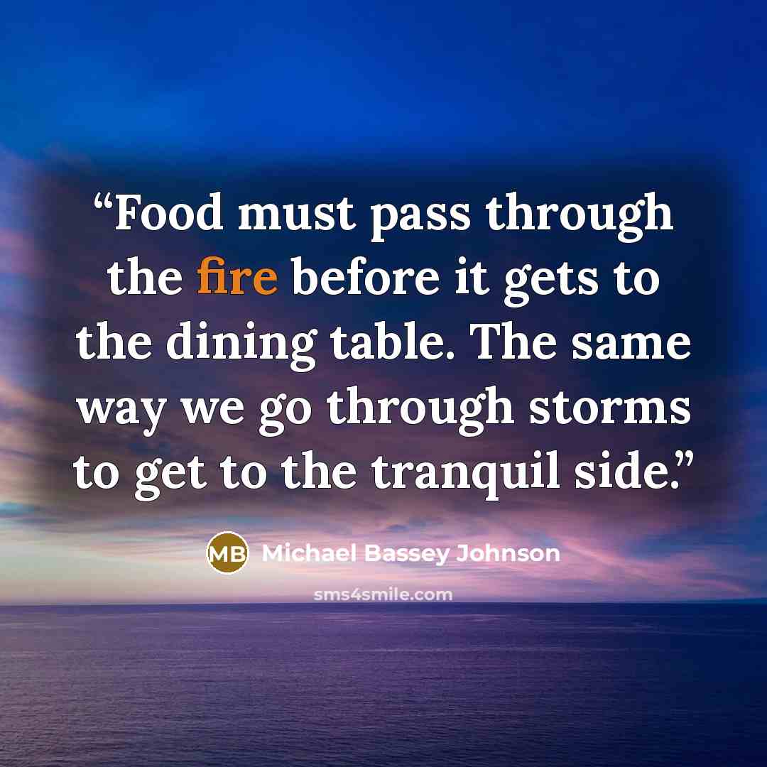 “Food must pass through the fire before it gets to the dining table. The same way we go through storms to get to the tranquil side.” quote by Michael Bassey Johnson
