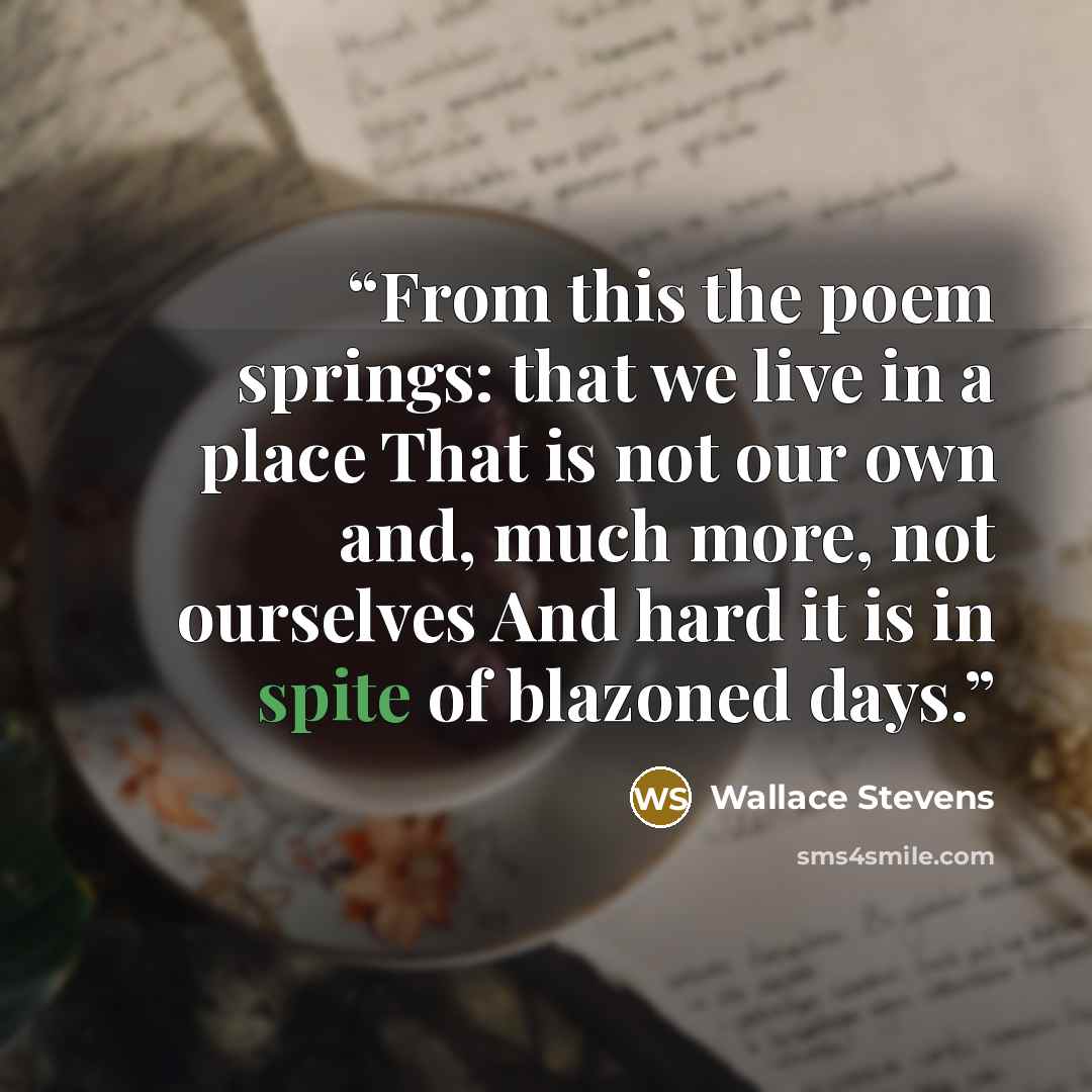 “From this the poem springs: that we live in a place That is not our own and, much more, not ourselves And hard it is in spite of blazoned days.” quote by Wallace Stevens