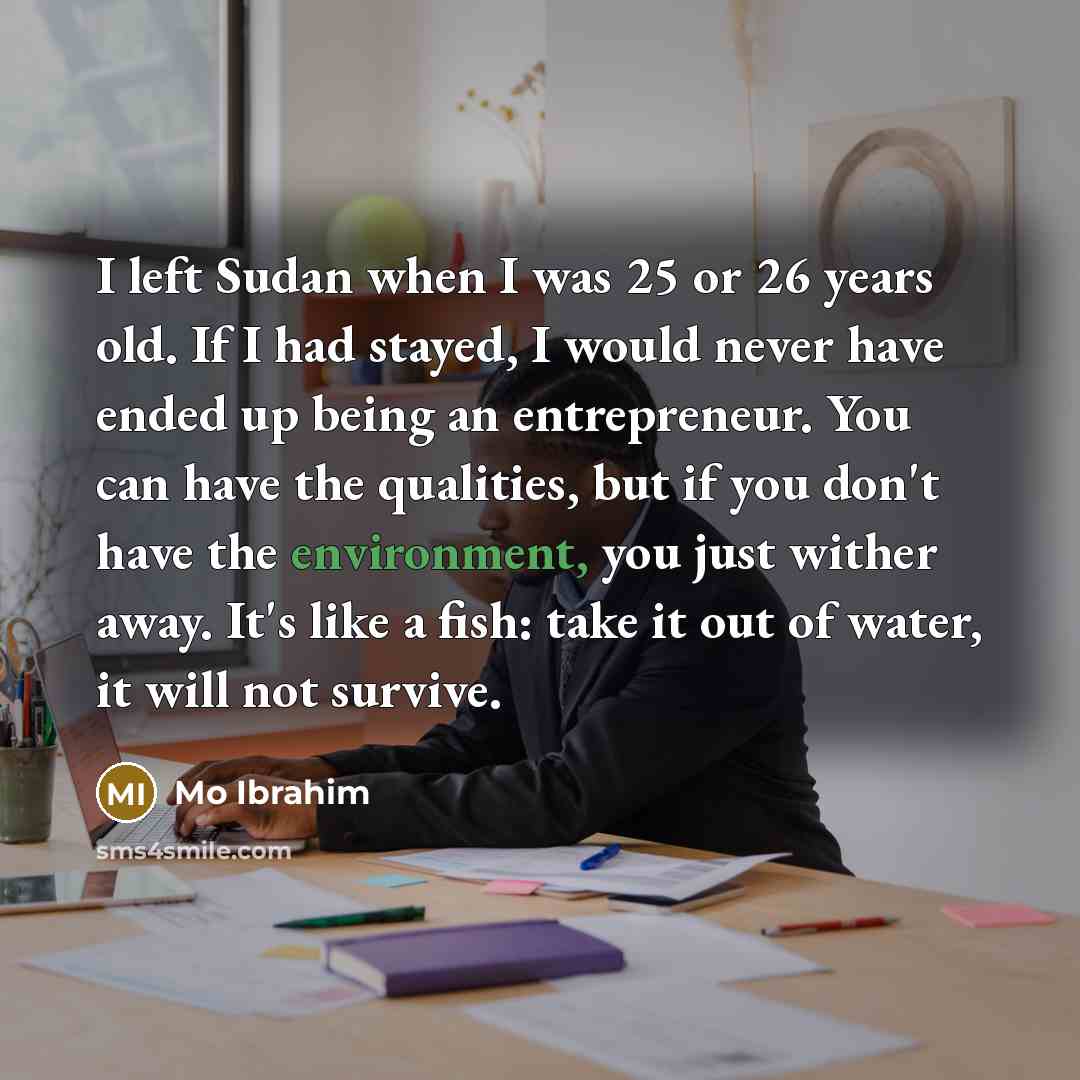 “I left Sudan when I was 25 or 26 years old. If I had stayed, I would never have ended up being an entrepreneur. You can have the qualities, but if you don't have the environment, you just wither away. It's like a fish: take it out of water, it will not survive.” quote by Mo Ibrahim