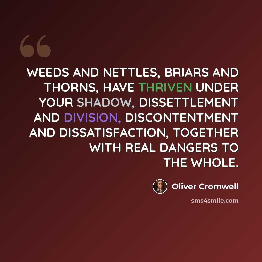 “WEEDS AND NETTLES, BRIARS AND THORNS, HAVE THRIVEN UNDER YOUR SHADOW, DISSETTLEMENT AND DIVISION, DISCONTENTMENT AND DISSATISFACTION, TOGETHER WITH REAL DANGERS TO THE WHOLE.” quote by Oliver Cromwell