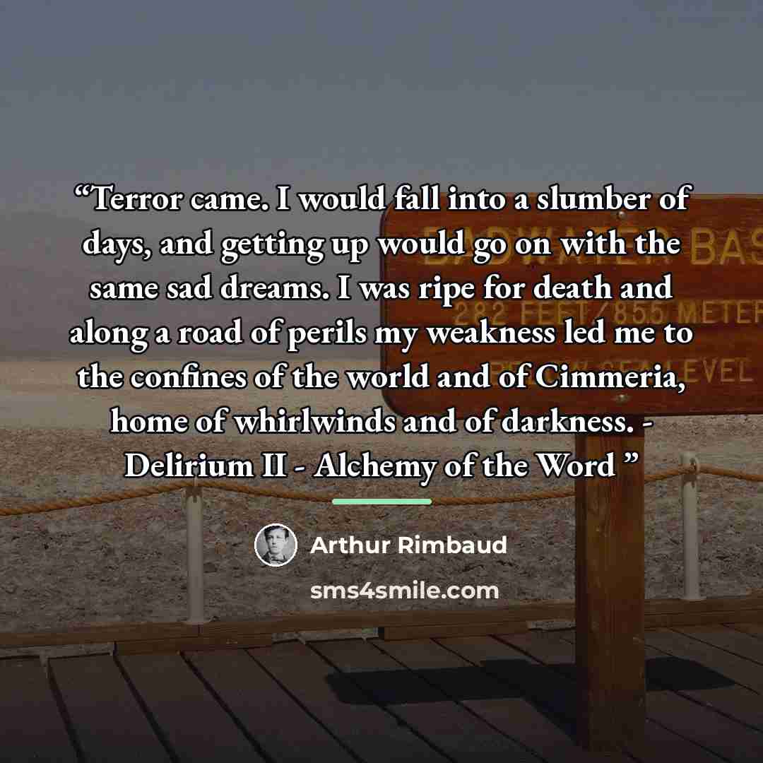 “Terror came. I would fall into a slumber of days, and getting up would go on with the same sad dreams. I was ripe for death and along a road of perils my weakness led me to the confines of the world and of Cimmeria, home of whirlwinds and of darkness. - Delirium II - Alchemy of the Word” quote by Arthur Rimbaud