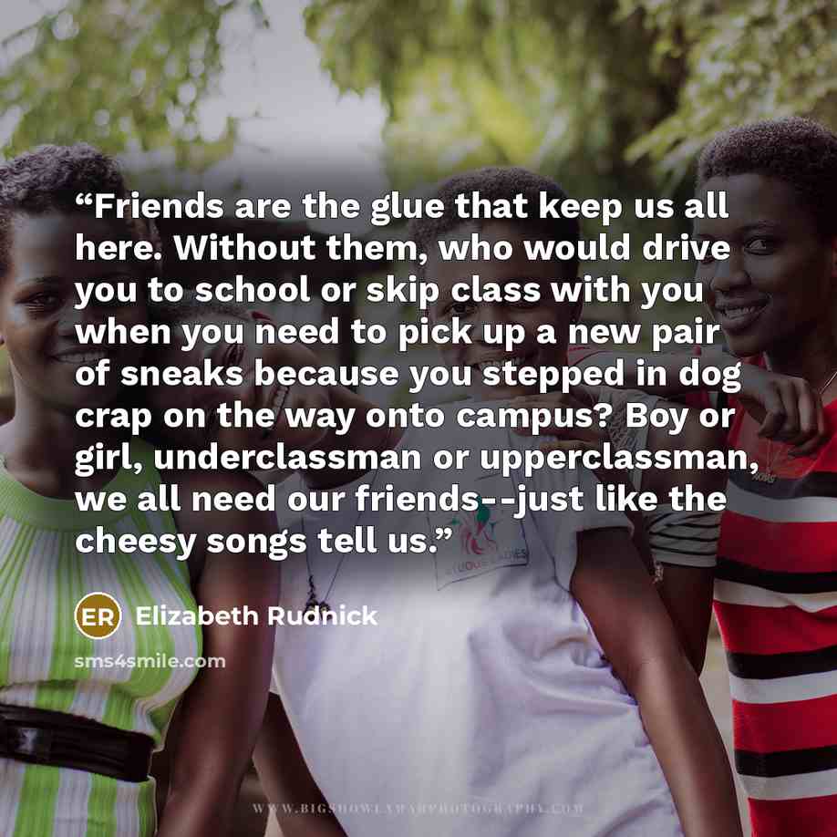 “Friends are the glue that keep us all here. Without them, who would drive you to school or skip class with you when you need to pick up a new pair of sneaks because you stepped in dog crap on the way onto campus? Boy or girl, underclassman or upperclassman, we all need our friends--just like the…” quote by Elizabeth Rudnick