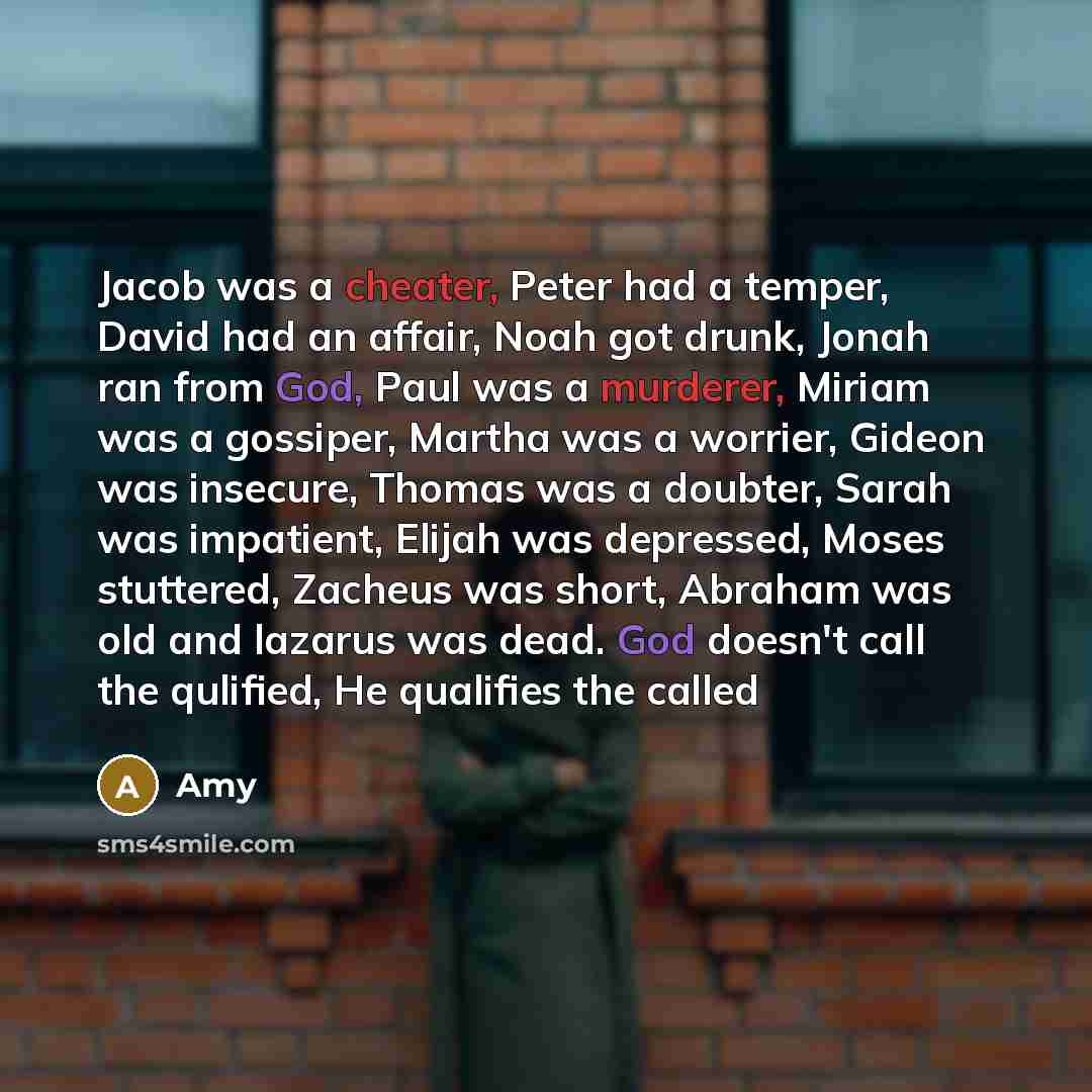 “Jacob was a cheater, Peter had a temper, David had an affair, Noah got drunk, Jonah ran from God, Paul was a murderer, Miriam was a gossiper, Martha was a worrier, Gideon was insecure, Thomas was a doubter, Sarah was impatient, Elijah was depressed, Moses stuttered, Zacheus was short, Abraham was…” quote by Amy