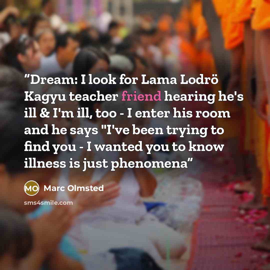 “Dream: I look for Lama Lodrö Kagyu teacher friend hearing he's ill & I'm ill, too - I enter his room and he says "I've been trying to find you - I wanted you to know illness is just phenomena” quote by Marc Olmsted