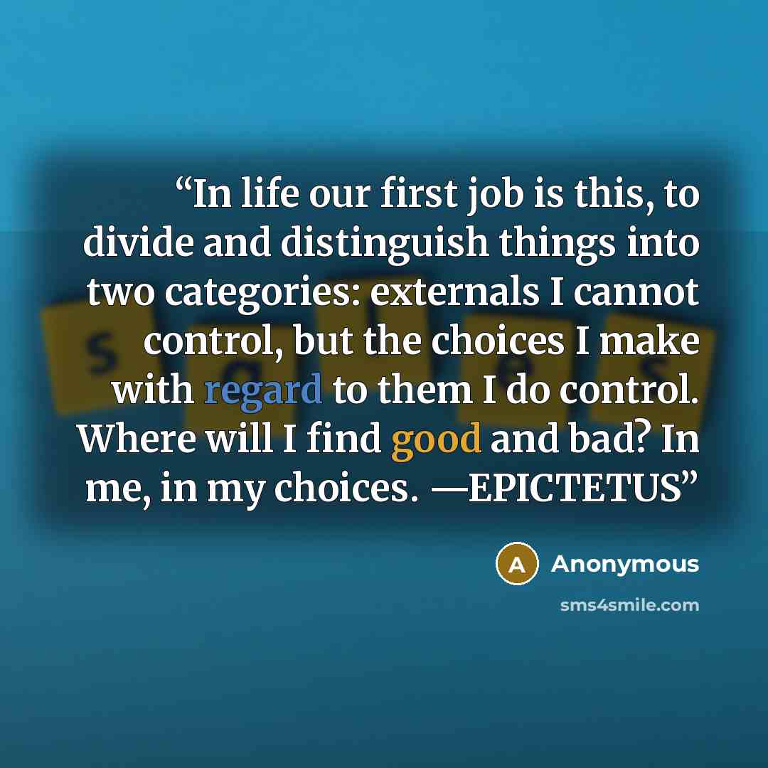 “In life our first job is this, to divide and distinguish things into two categories: externals I cannot control, but the choices I make with regard to them I do control. Where will I find good and bad? In me, in my choices. —EPICTETUS” quote by Anonymous