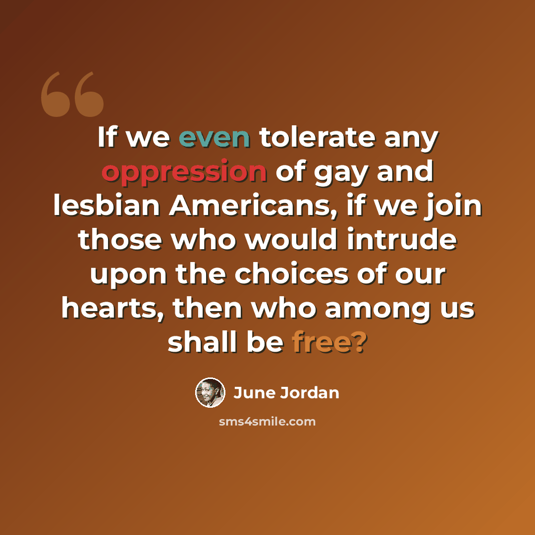 “If we even tolerate any oppression of gay and lesbian Americans, if we join those who would intrude upon the choices of our hearts, then who among us shall be free?” quote by June Jordan