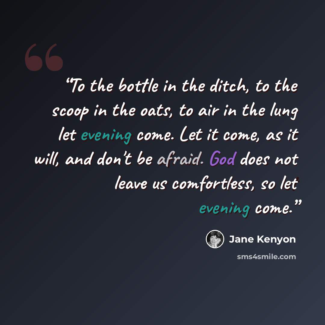 “To the bottle in the ditch, to the scoop in the oats, to air in the lung let evening come. Let it come, as it will, and don't be afraid. God does not leave us comfortless, so let evening come.” quote by Jane Kenyon