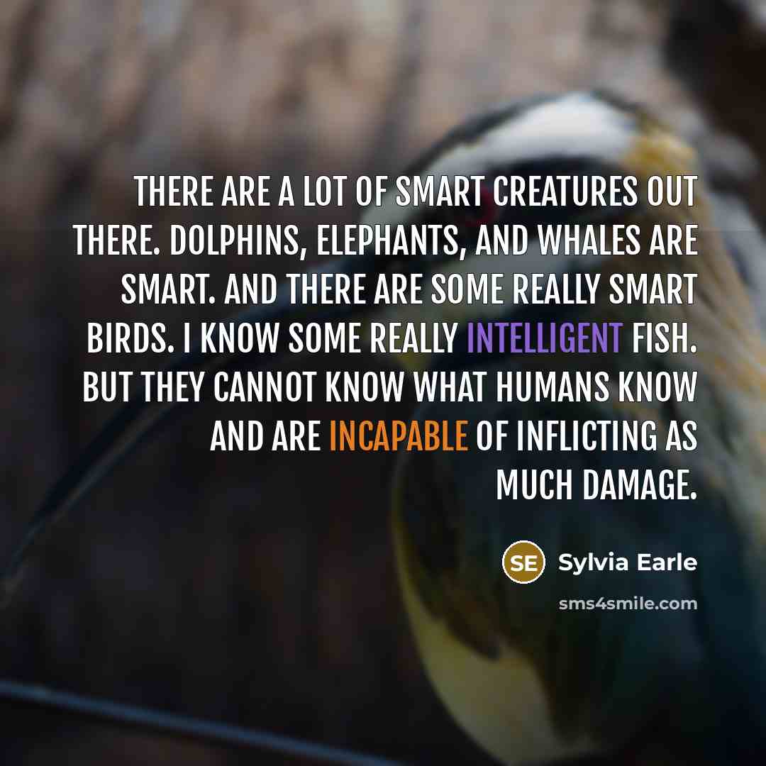 “There are a lot of smart creatures out there. Dolphins, elephants, and whales are smart. And there are some really smart birds. I know some really intelligent fish. But they cannot know what humans know and are incapable of inflicting as much damage.” quote by Sylvia Earle