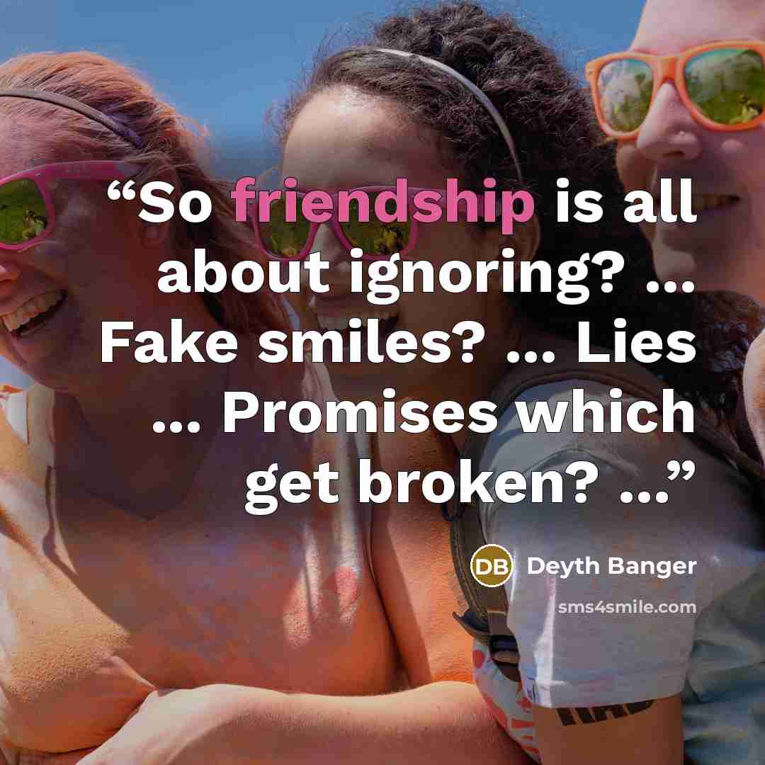 “So friendship is all about ignoring? ... Fake smiles? ... Lies ... Promises which get broken? ...” quote by Deyth Banger