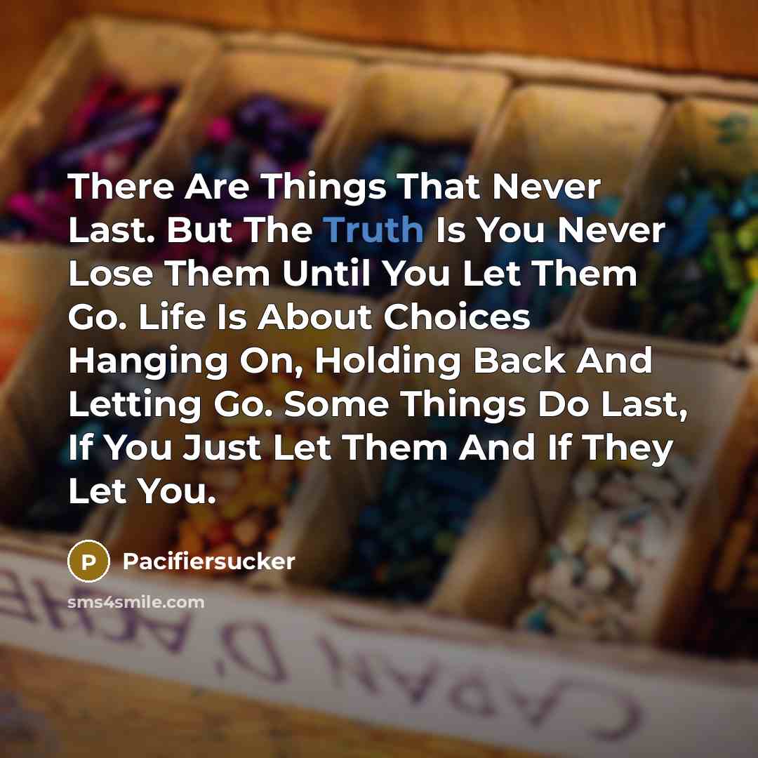 “There Are Things That Never Last. But The Truth Is You Never Lose Them Until You Let Them Go. Life Is About Choices Hanging On, Holding Back And Letting Go. Some Things Do Last, If You Just Let Them And If They Let You.” quote by Pacifiersucker