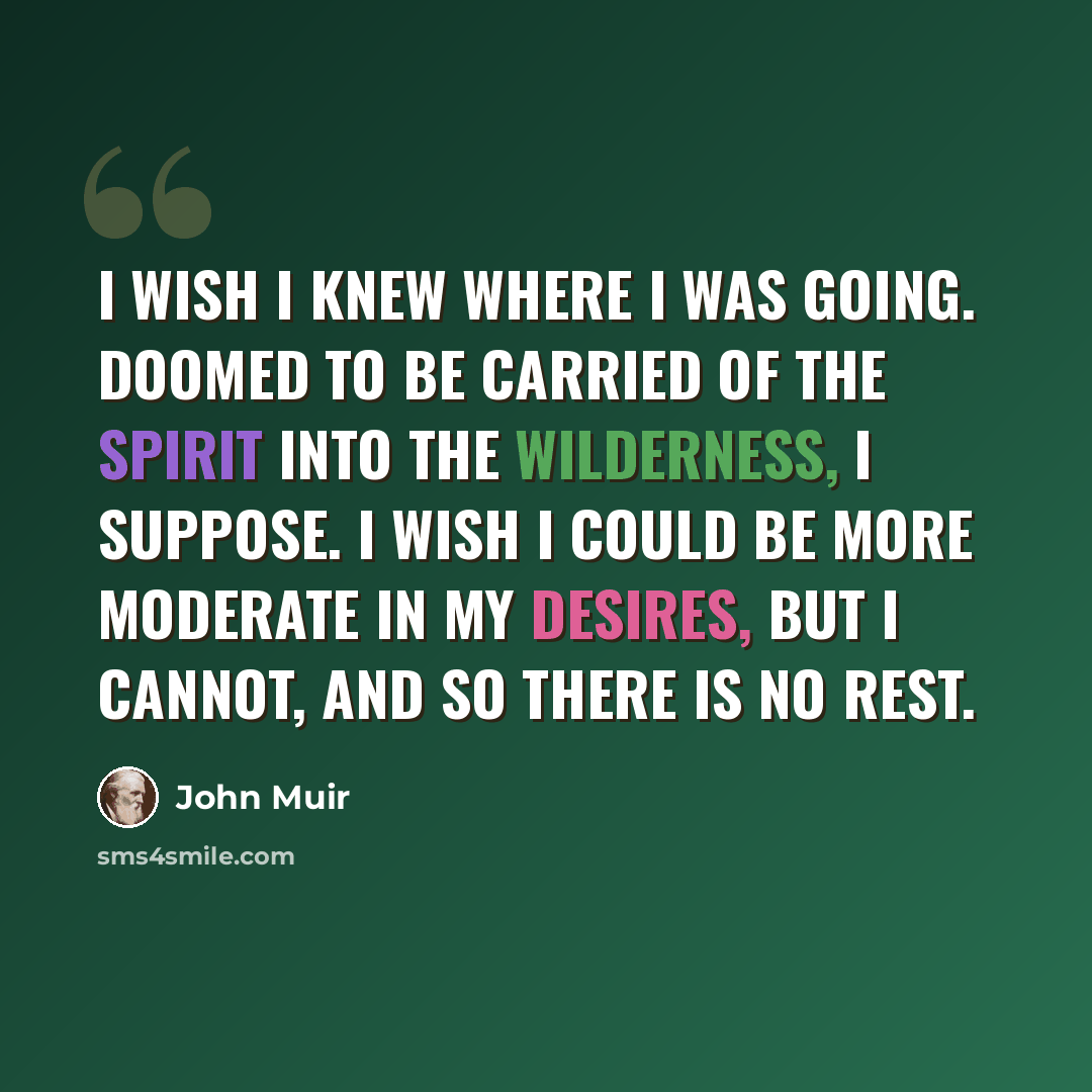 “I wish I knew where I was going. Doomed to be carried of the spirit into the wilderness, I suppose. I wish I could be more moderate in my desires, but I cannot, and so there is no rest.” quote by John Muir