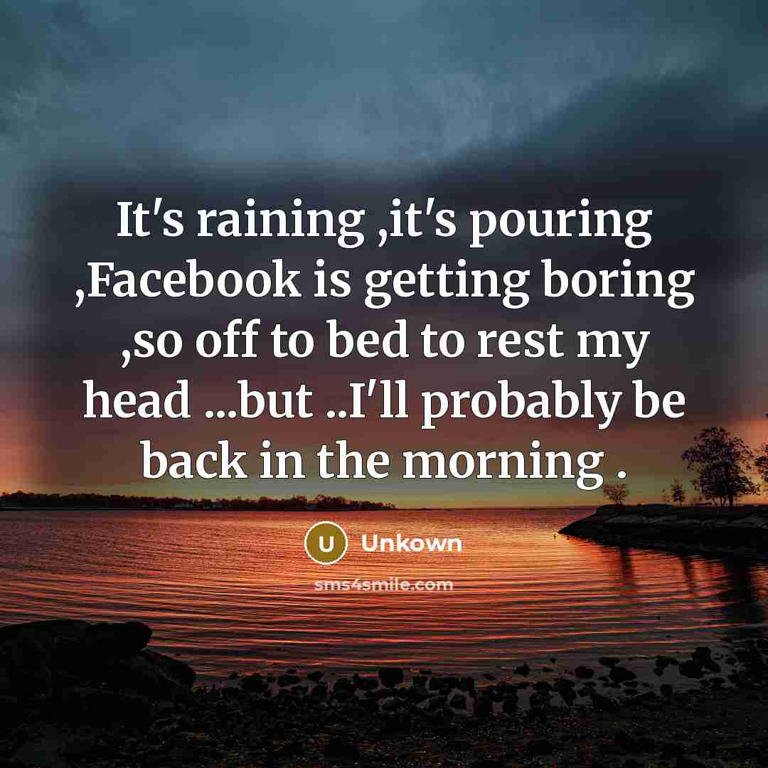 “It's raining ,it's pouring ,Facebook is getting boring ,so off to bed to rest my head ...but ..I'll probably be back in the morning .” quote by Unkown