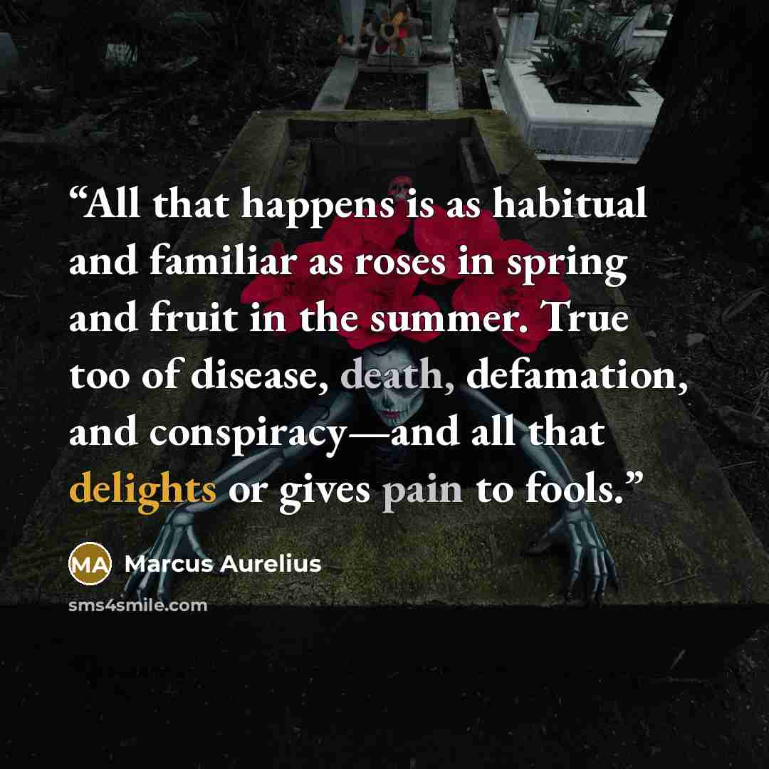 “All that happens is as habitual and familiar as roses in spring and fruit in the summer. True too of disease, death, defamation, and conspiracy—and all that delights or gives pain to fools.” quote by Marcus Aurelius