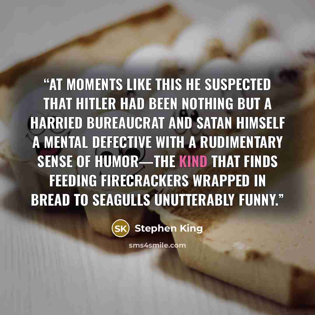 “At moments like this he suspected that Hitler had been nothing but a harried bureaucrat and Satan himself a mental defective with a rudimentary sense of humor—the kind that finds feeding firecrackers wrapped in bread to seagulls unutterably funny.” quote by Stephen King