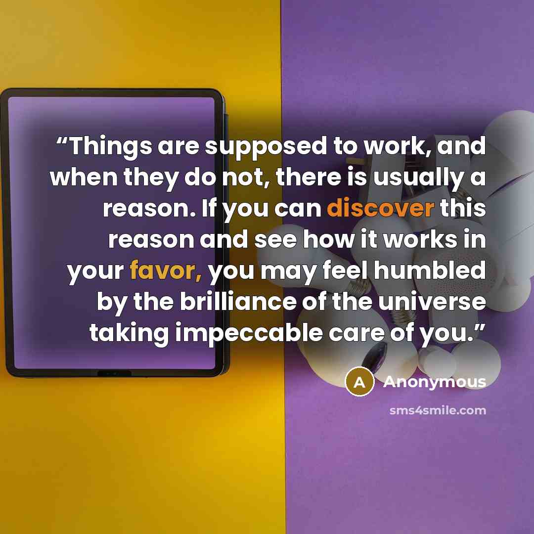 “Things are supposed to work, and when they do not, there is usually a reason. If you can discover this reason and see how it works in your favor, you may feel humbled by the brilliance of the universe taking impeccable care of you.” quote by Anonymous