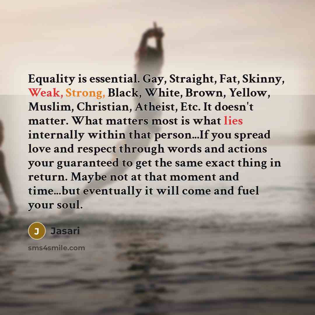 “Equality is essential. Gay, Straight, Fat, Skinny, Weak, Strong, Black, White, Brown, Yellow, Muslim, Christian, Atheist, Etc. It doesn't matter. What matters most is what lies internally within that person...If you spread love and respect through words and actions your guaranteed to get the same…” quote by Jasari