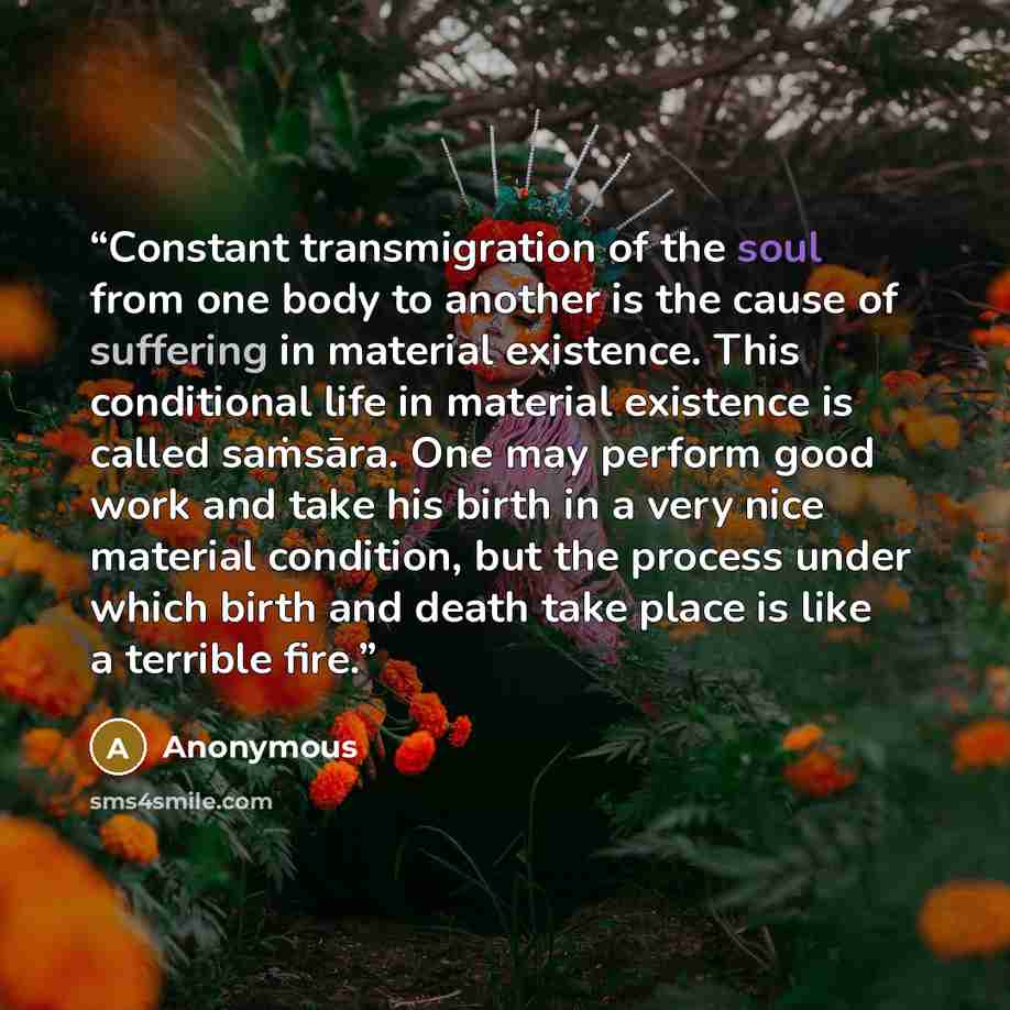 “Constant transmigration of the soul from one body to another is the cause of suffering in material existence. This conditional life in material existence is called saṁsāra. One may perform good work and take his birth in a very nice material condition, but the process under which birth and death…” quote by Anonymous