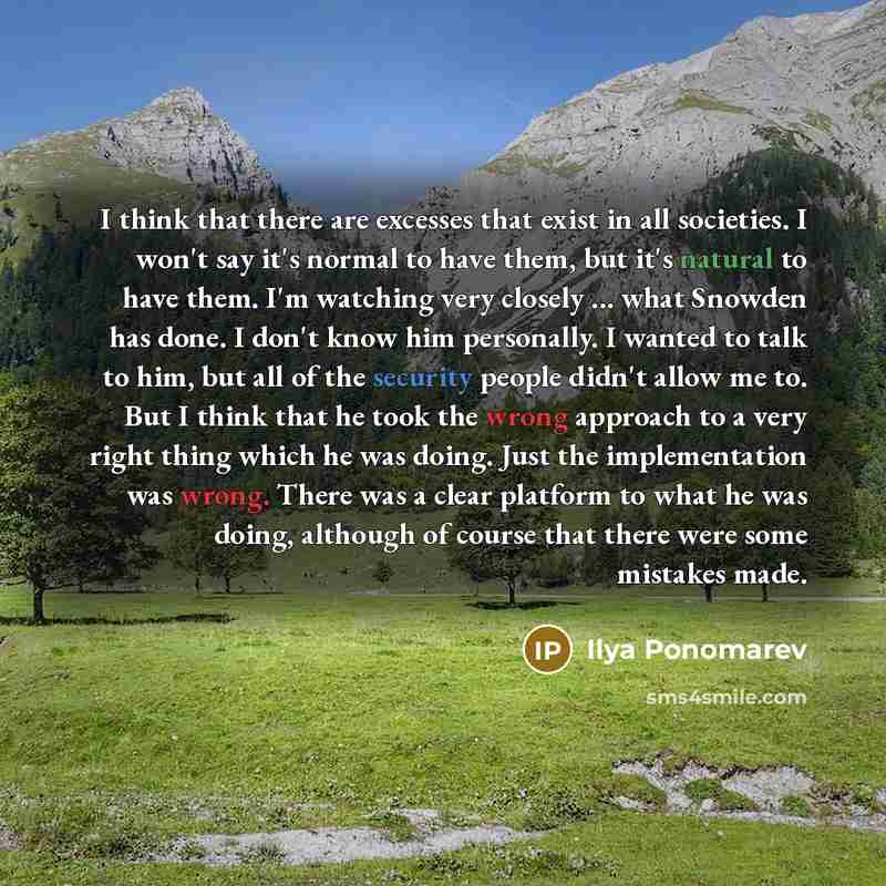 “I think that there are excesses that exist in all societies. I won't say it's normal to have them, but it's natural to have them. I'm watching very closely ... what Snowden has done. I don't know him personally. I wanted to talk to him, but all of the security people didn't allow me to. But I…” quote by Ilya Ponomarev