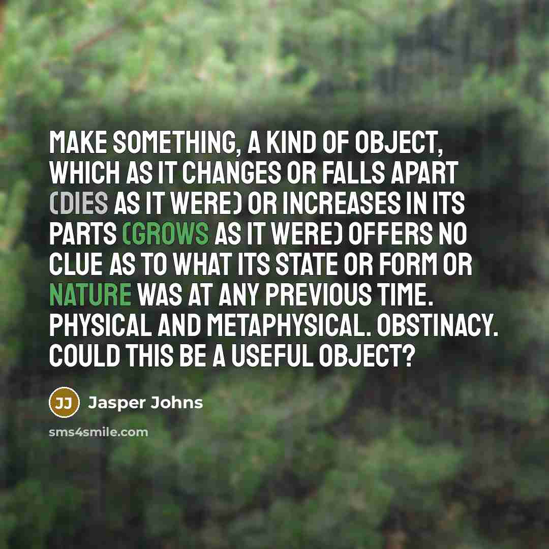 “Make something, a kind of object, which as it changes or falls apart (dies as it were) or increases in its parts (grows as it were) offers no clue as to what its state or form or nature was at any previous time. Physical and Metaphysical. Obstinacy. Could this be a useful object?” quote by Jasper Johns