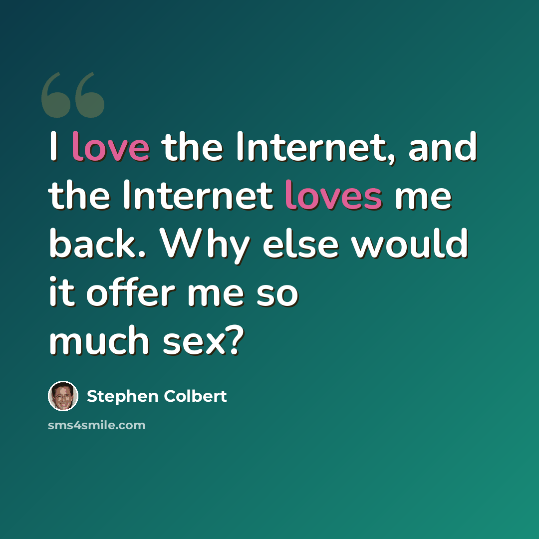 “I love the Internet, and the Internet loves me back. Why else would it offer me so much sex?” quote by Stephen Colbert