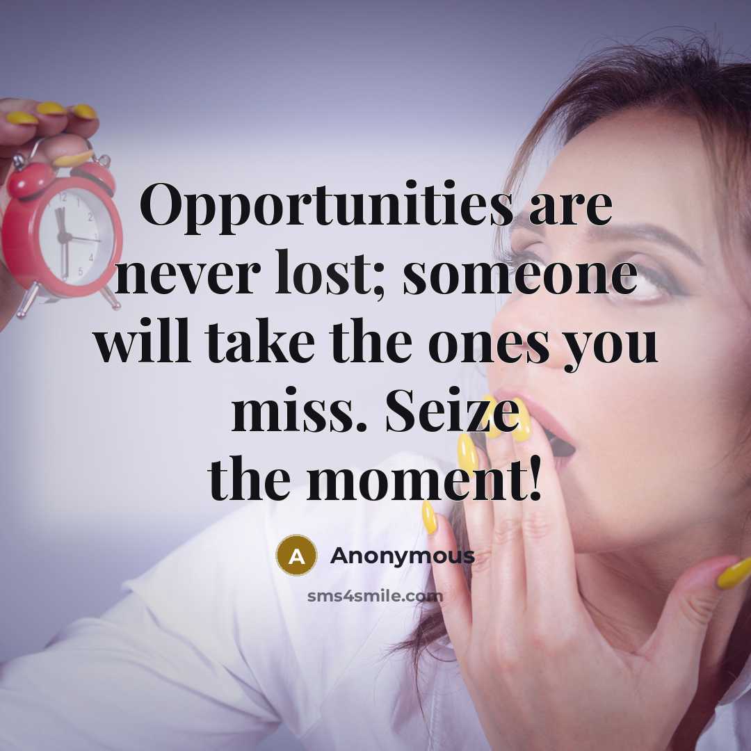 “Opportunities are never lost; someone will take the ones you miss. Seize the moment!” quote by Anonymous