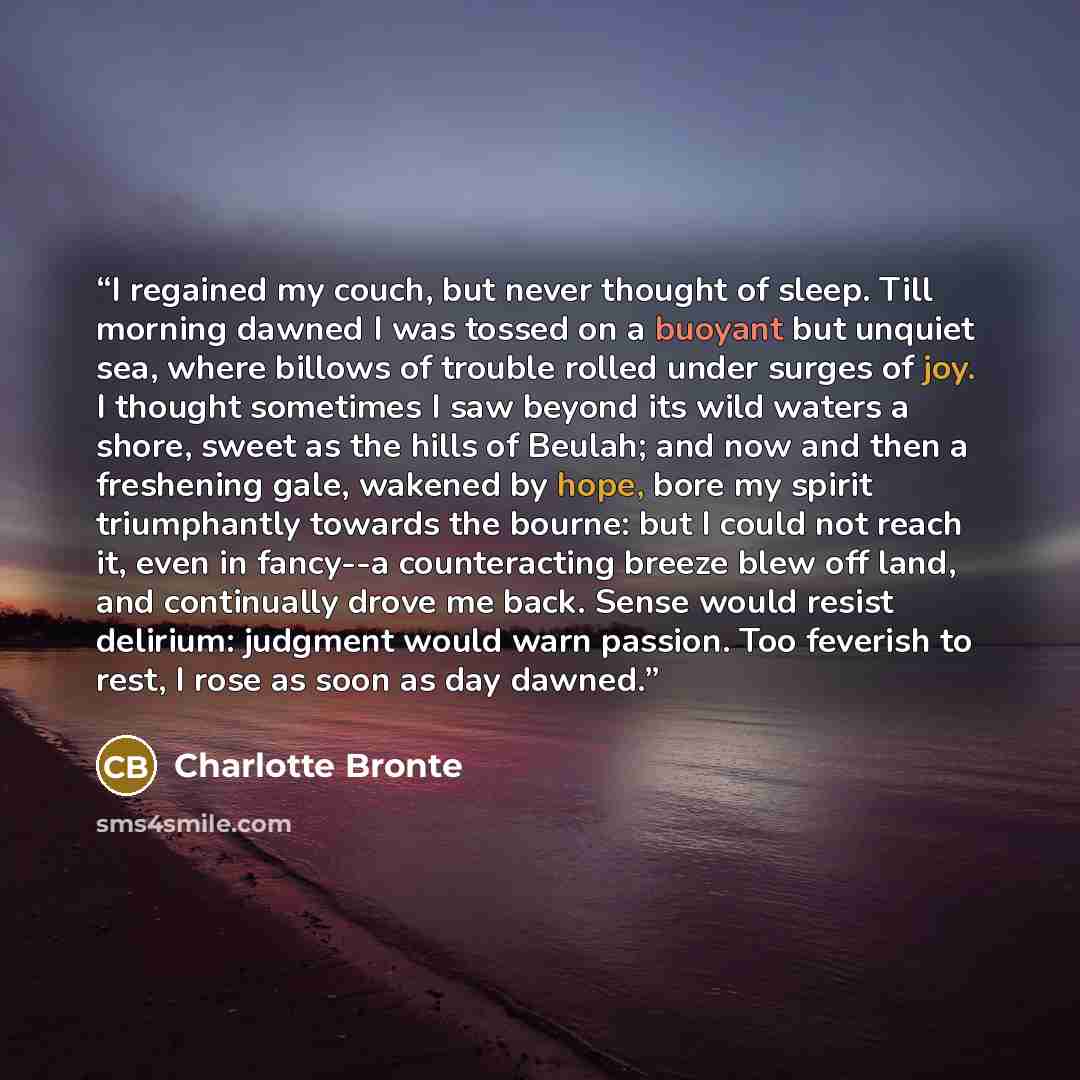 “I regained my couch, but never thought of sleep. Till morning dawned I was tossed on a buoyant but unquiet sea, where billows of trouble rolled under surges of joy. I thought sometimes I saw beyond its wild waters a shore, sweet as the hills of Beulah; and now and then a freshening gale, wakened…” quote by Charlotte Brontë