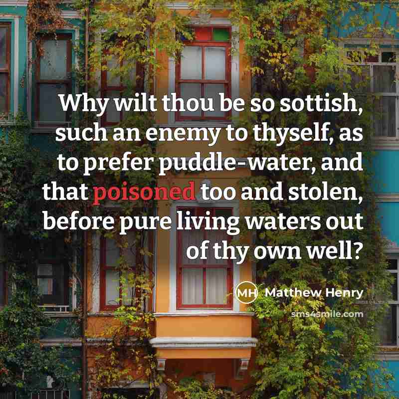 “Why wilt thou be so sottish, such an enemy to thyself, as to prefer puddle-water, and that poisoned too and stolen, before pure living waters out of thy own well?” quote by Matthew Henry