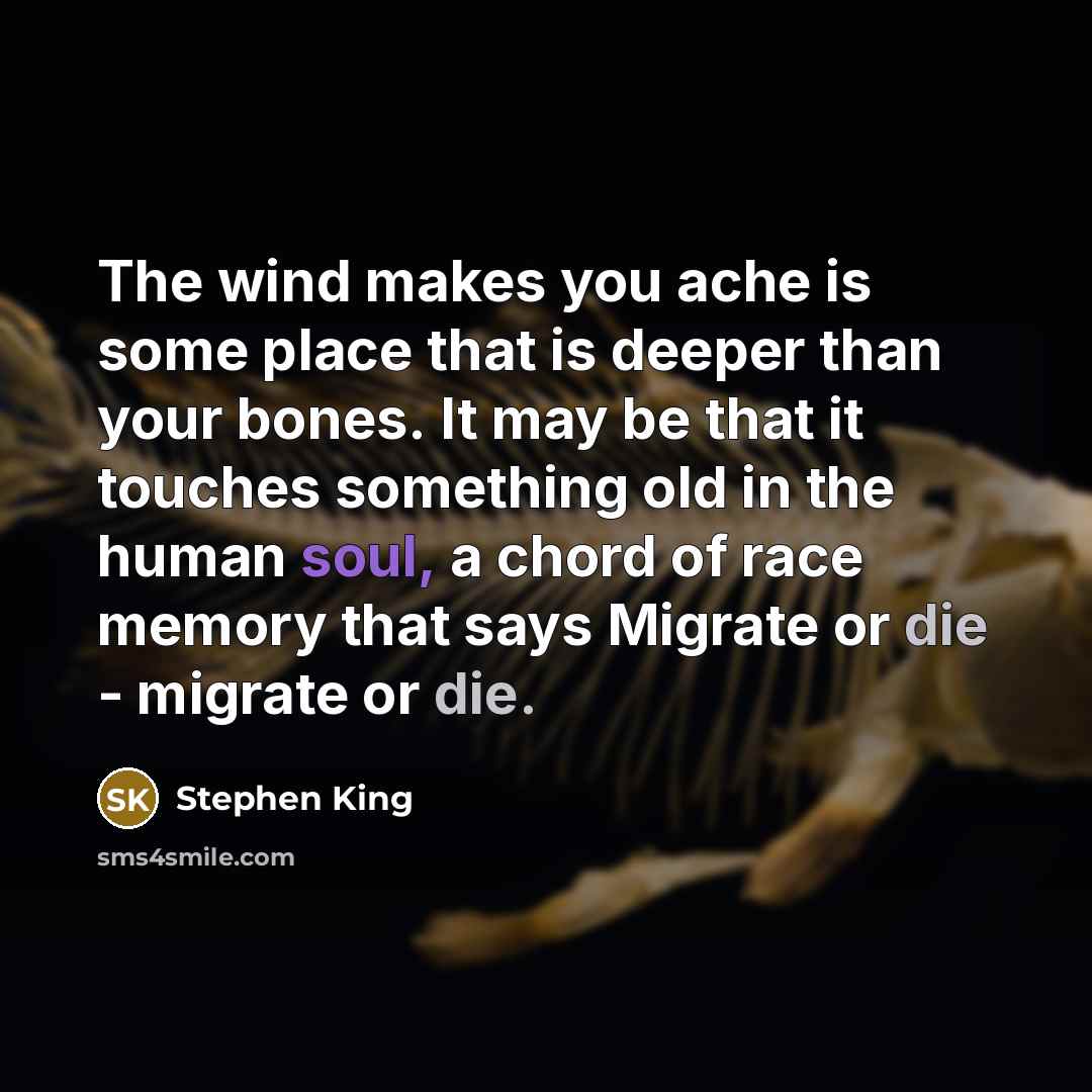 “The wind makes you ache is some place that is deeper than your bones. It may be that it touches something old in the human soul, a chord of race memory that says Migrate or die - migrate or die.” quote by Stephen King