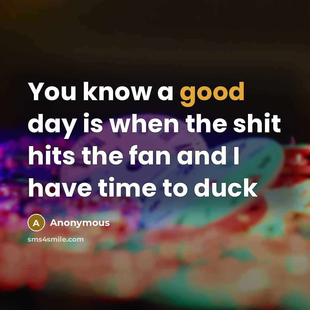 “You know a good day is when the shit hits the fan and I have time to duck” quote by Anonymous