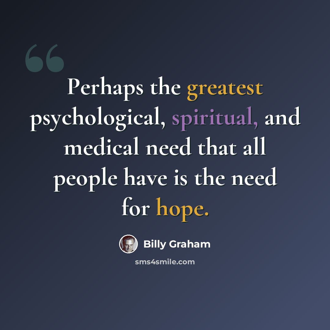“Perhaps the greatest psychological, spiritual, and medical need that all people have is the need for hope.” quote by Billy Graham