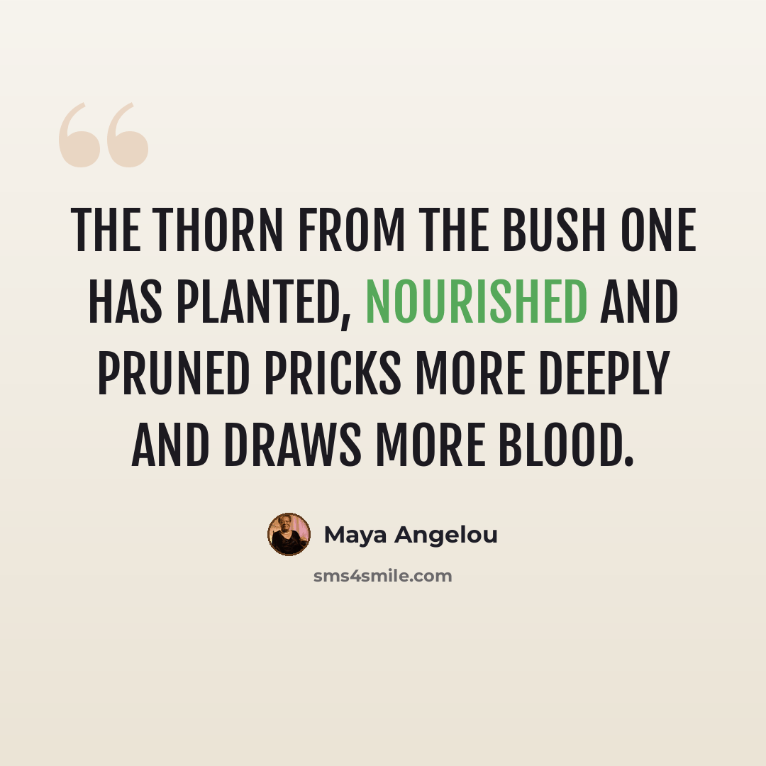 “The thorn from the bush one has planted, nourished and pruned pricks more deeply and draws more blood.” quote by Maya Angelou