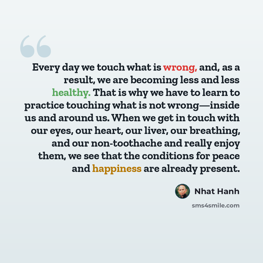 “Every day we touch what is wrong, and, as a result, we are becoming less and less healthy. That is why we have to learn to practice touching what is not wrong—inside us and around us. When we get in touch with our eyes, our heart, our liver, our breathing, and our non-toothache and really enjoy…” quote by Nhat Hanh