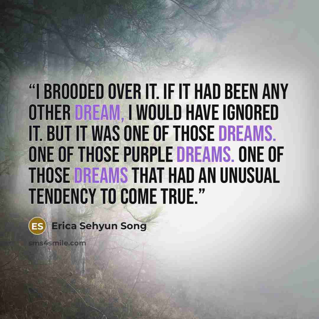 “I brooded over it. If it had been any other dream, I would have ignored it. But it was one of those dreams. One of those purple dreams. One of those dreams that had an unusual tendency to come true.” quote by Erica Sehyun Song