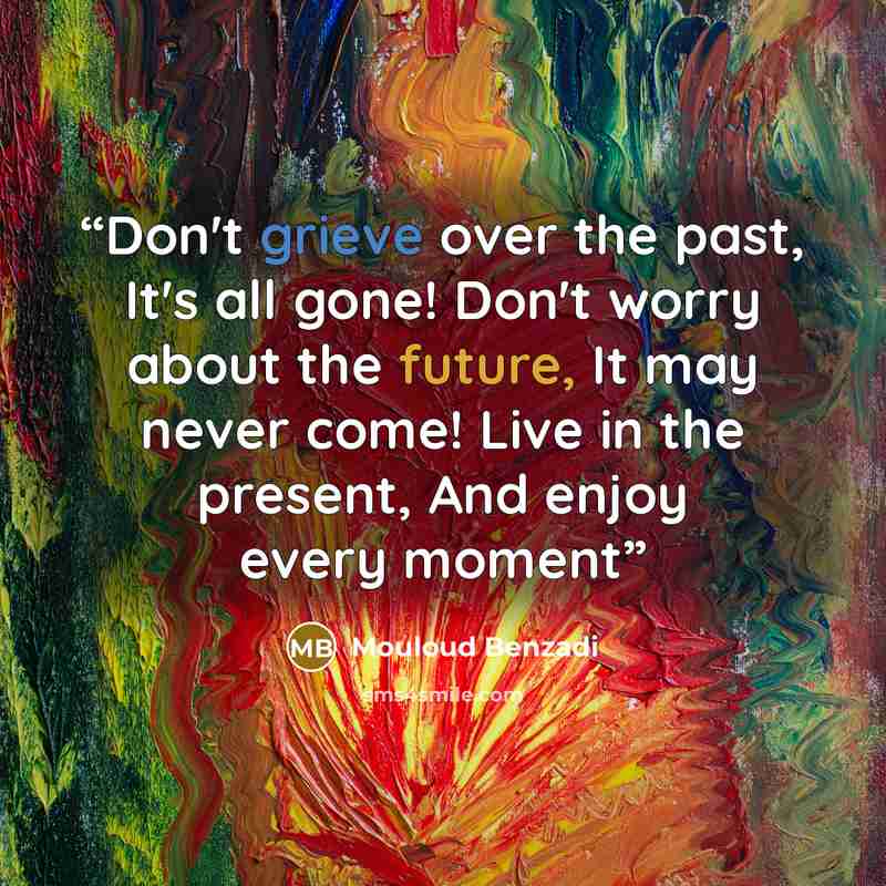 “Don't grieve over the past, It's all gone! Don't worry about the future, It may never come! Live in the present, And enjoy every moment” quote by Mouloud Benzadi