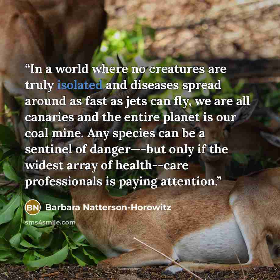 “In a world where no creatures are truly isolated and diseases spread around as fast as jets can fly, we are all canaries and the entire planet is our coal mine. Any species can be a sentinel of danger—-but only if the widest array of health--care professionals is paying attention.” quote by Barbara Natterson-Horowitz
