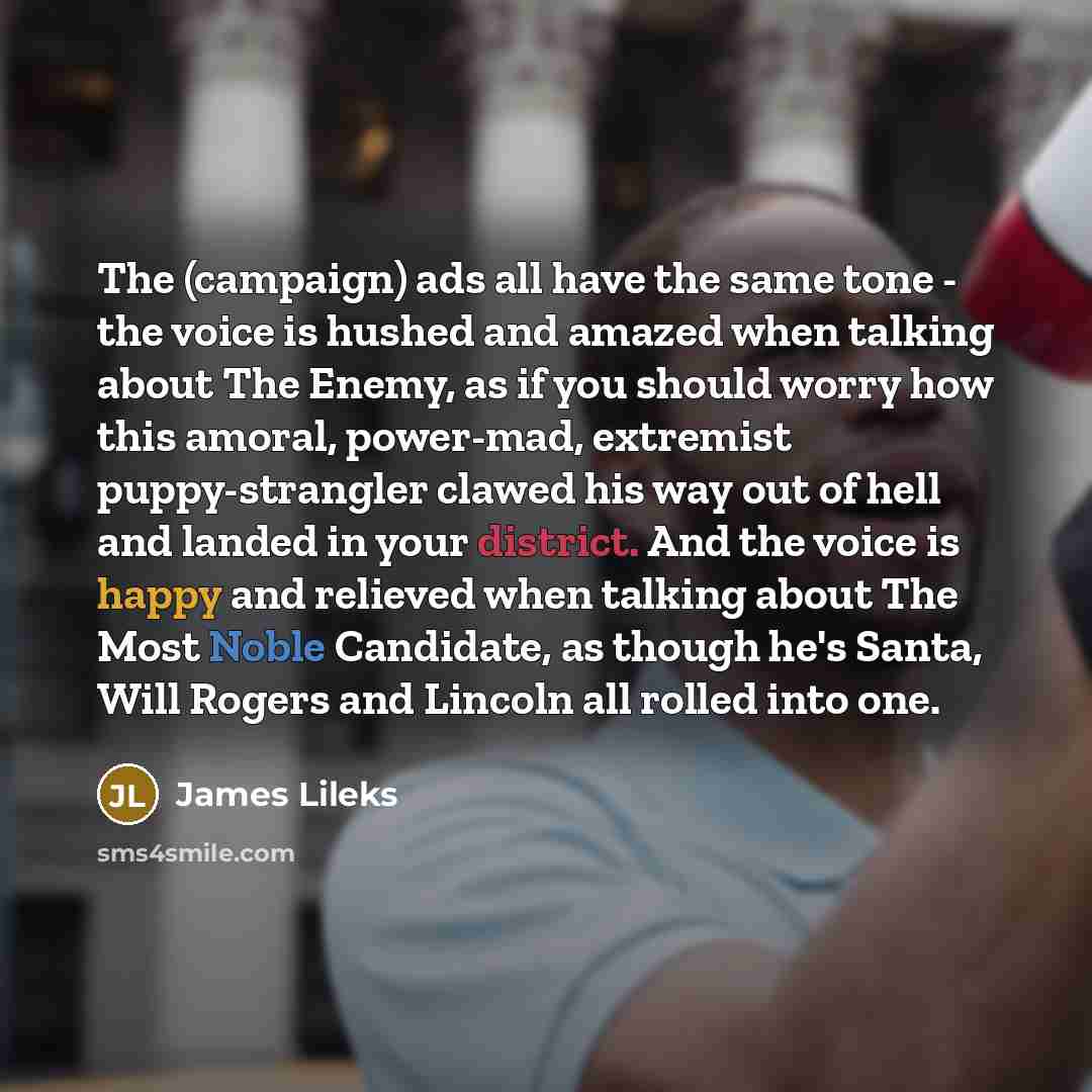 “The (campaign) ads all have the same tone - the voice is hushed and amazed when talking about The Enemy, as if you should worry how this amoral, power-mad, extremist puppy-strangler clawed his way out of hell and landed in your district. And the voice is happy and relieved when talking about The…” quote by James Lileks