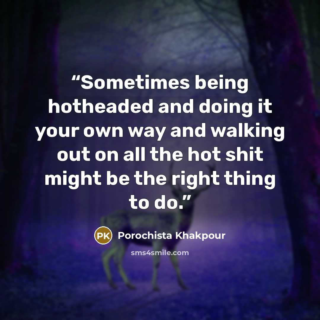 “Sometimes being hotheaded and doing it your own way and walking out on all the hot shit might be the right thing to do.” quote by Porochista Khakpour