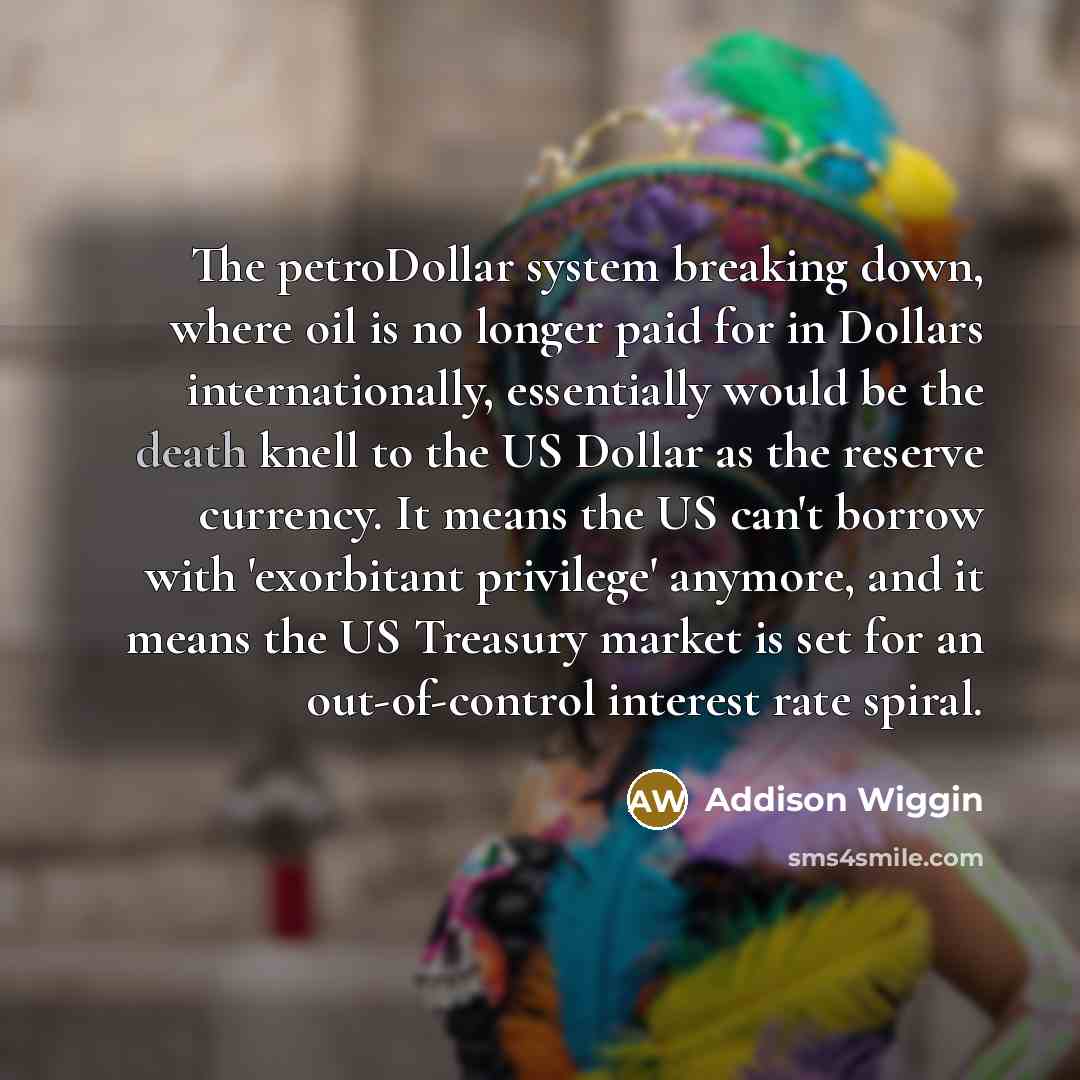“The petroDollar system breaking down, where oil is no longer paid for in Dollars internationally, essentially would be the death knell to the US Dollar as the reserve currency. It means the US can't borrow with 'exorbitant privilege' anymore, and it means the US Treasury market is set for an…” quote by Addison Wiggin
