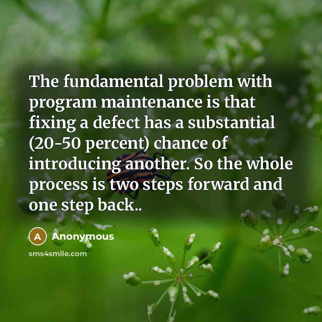 “The fundamental problem with program maintenance is that fixing a defect has a substantial (20-50 percent) chance of introducing another. So the whole process is two steps forward and one step back..” quote by Anonymous