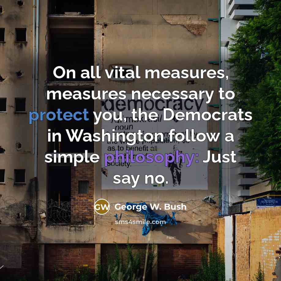 “On all vital measures, measures necessary to protect you, the Democrats in Washington follow a simple philosophy: Just say no.” quote by George W. Bush