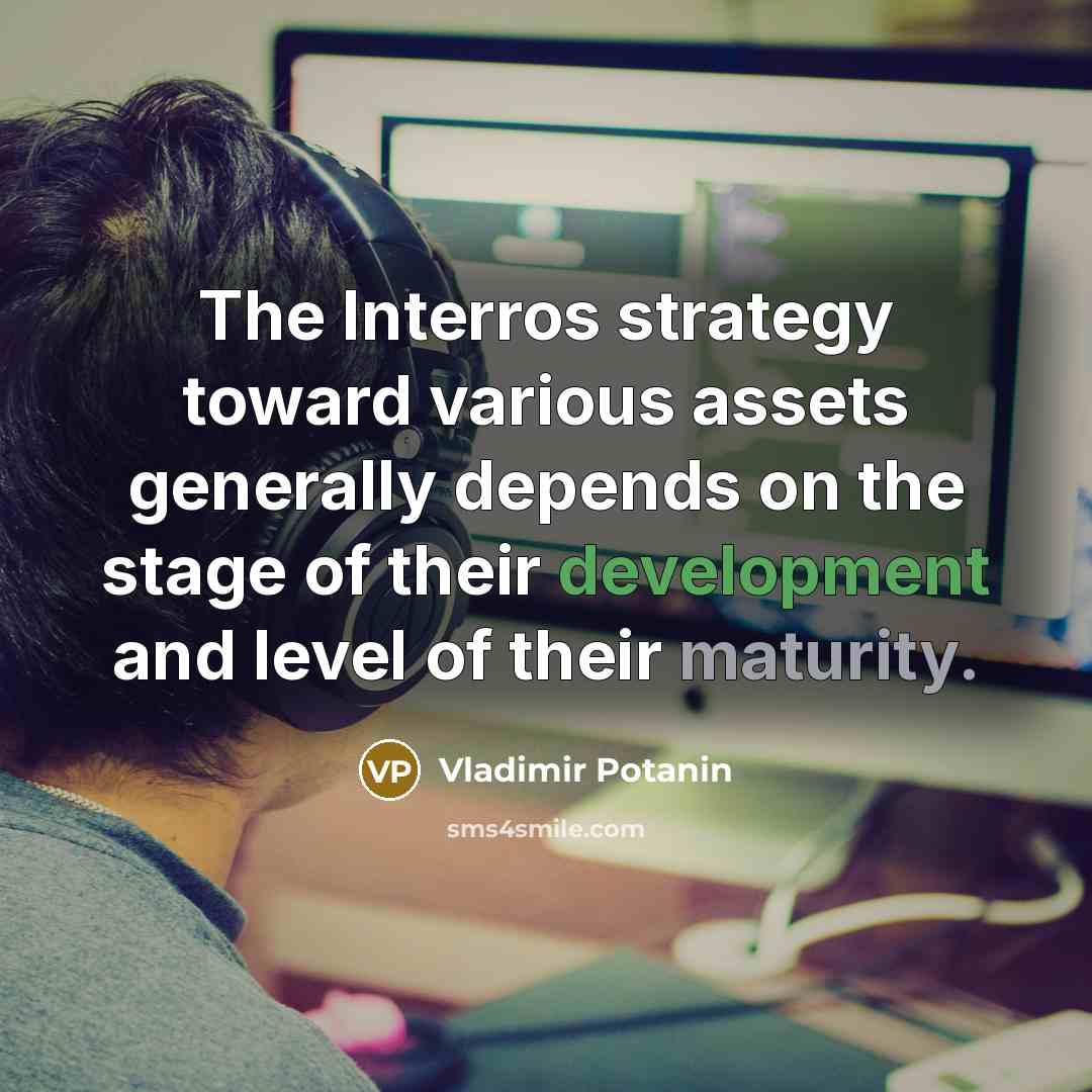 “The Interros strategy toward various assets generally depends on the stage of their development and level of their maturity.” quote by Vladimir Potanin