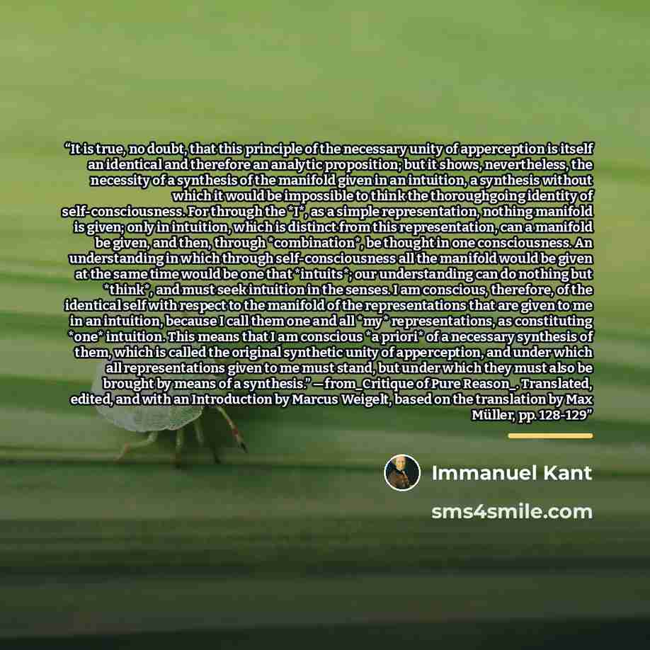 “It is true, no doubt, that this principle of the necessary unity of apperception is itself an identical and therefore an analytic proposition; but it shows, nevertheless, the necessity of a synthesis of the manifold given in an intuition, a synthesis without which it would be impossible to think…” quote by Immanuel Kant
