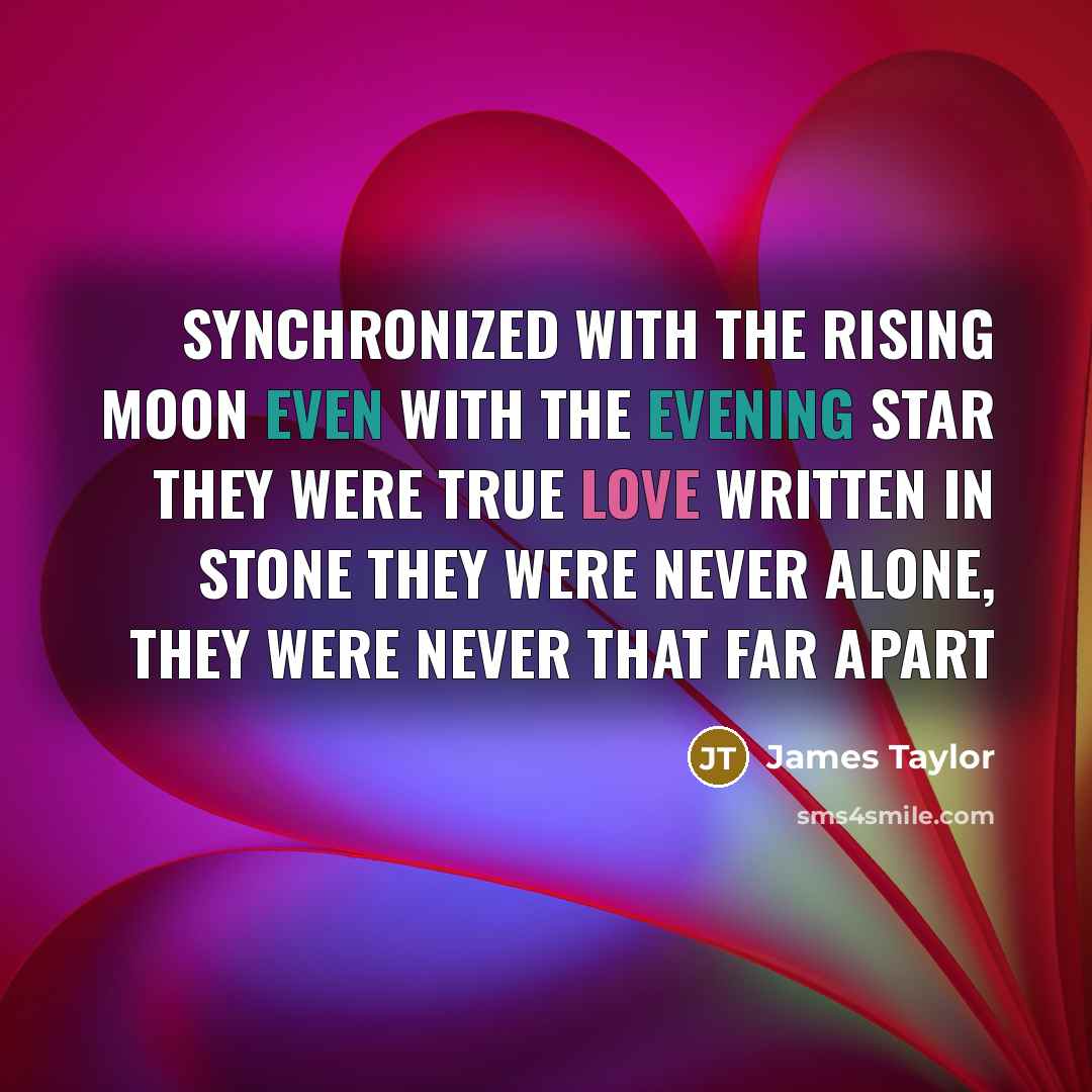 “Synchronized with the rising moon Even with the evening star They were true love written in stone They were never alone, they were never that far apart” quote by James Taylor