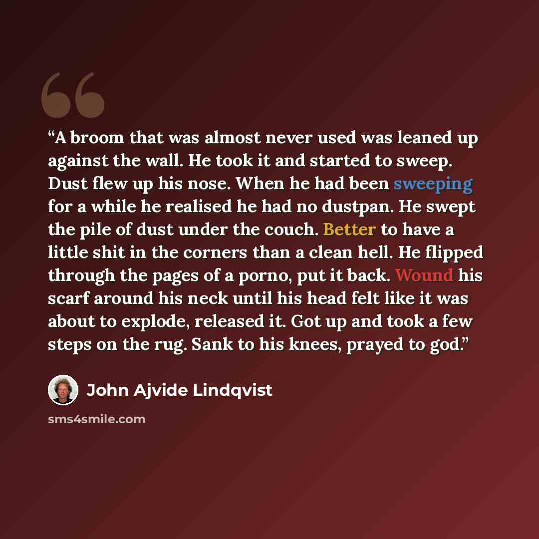 “A broom that was almost never used was leaned up against the wall. He took it and started to sweep. Dust flew up his nose. When he had been sweeping for a while he realised he had no dustpan. He swept the pile of dust under the couch. Better to have a little shit in the corners than a clean hell…” quote by John Ajvide Lindqvist