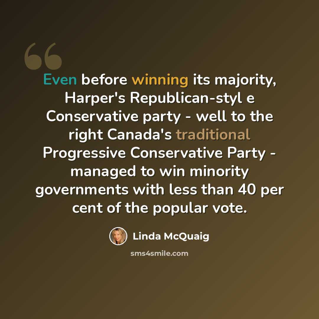 “Even before winning its majority, Harper's Republican-styl e Conservative party - well to the right Canada's traditional Progressive Conservative Party - managed to win minority governments with less than 40 per cent of the popular vote.” quote by Linda McQuaig