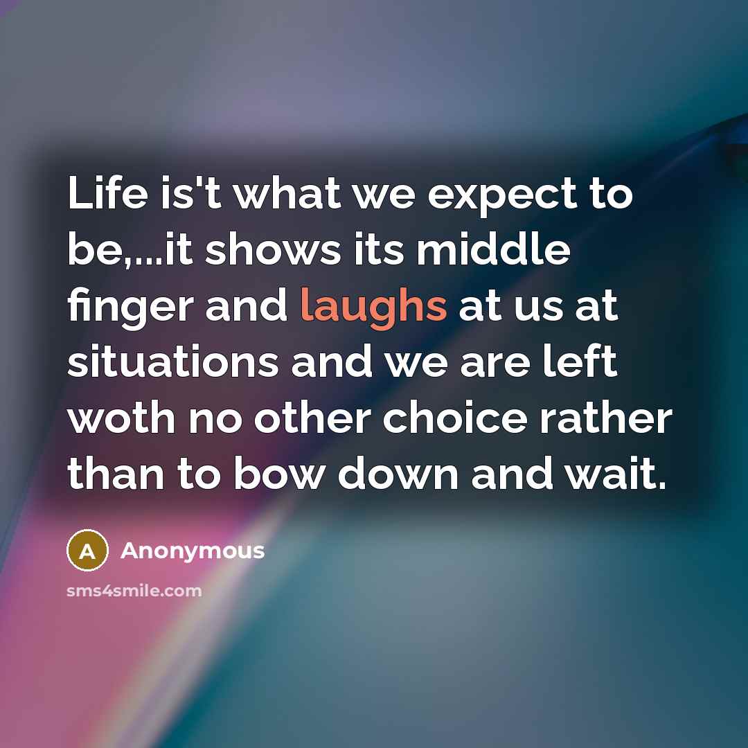 “Life is't what we expect to be,...it shows its middle finger and laughs at us at situations and we are left woth no other choice rather than to bow down and wait.” quote by Anonymous