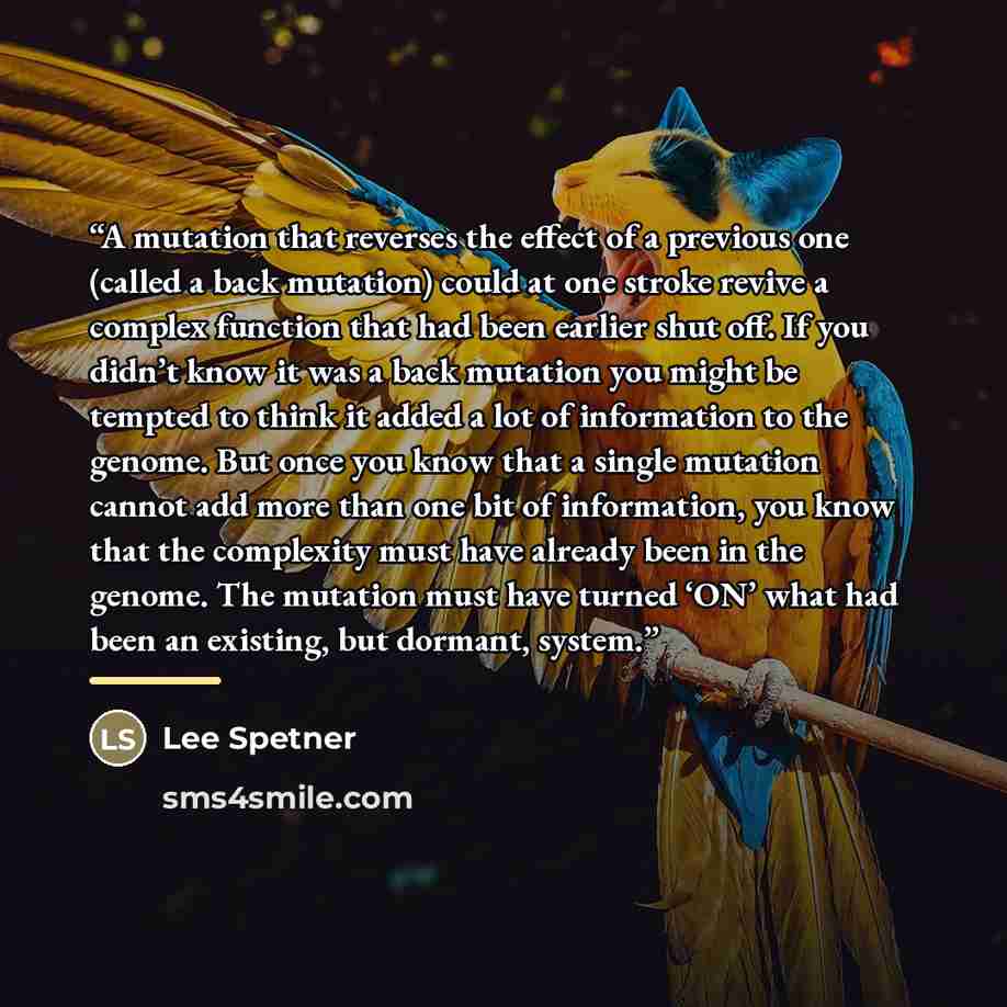“A mutation that reverses the effect of a previous one (called a back mutation) could at one stroke revive a complex function that had been earlier shut off. If you didn’t know it was a back mutation you might be tempted to think it added a lot of information to the genome. But once you know that a…” quote by Lee Spetner