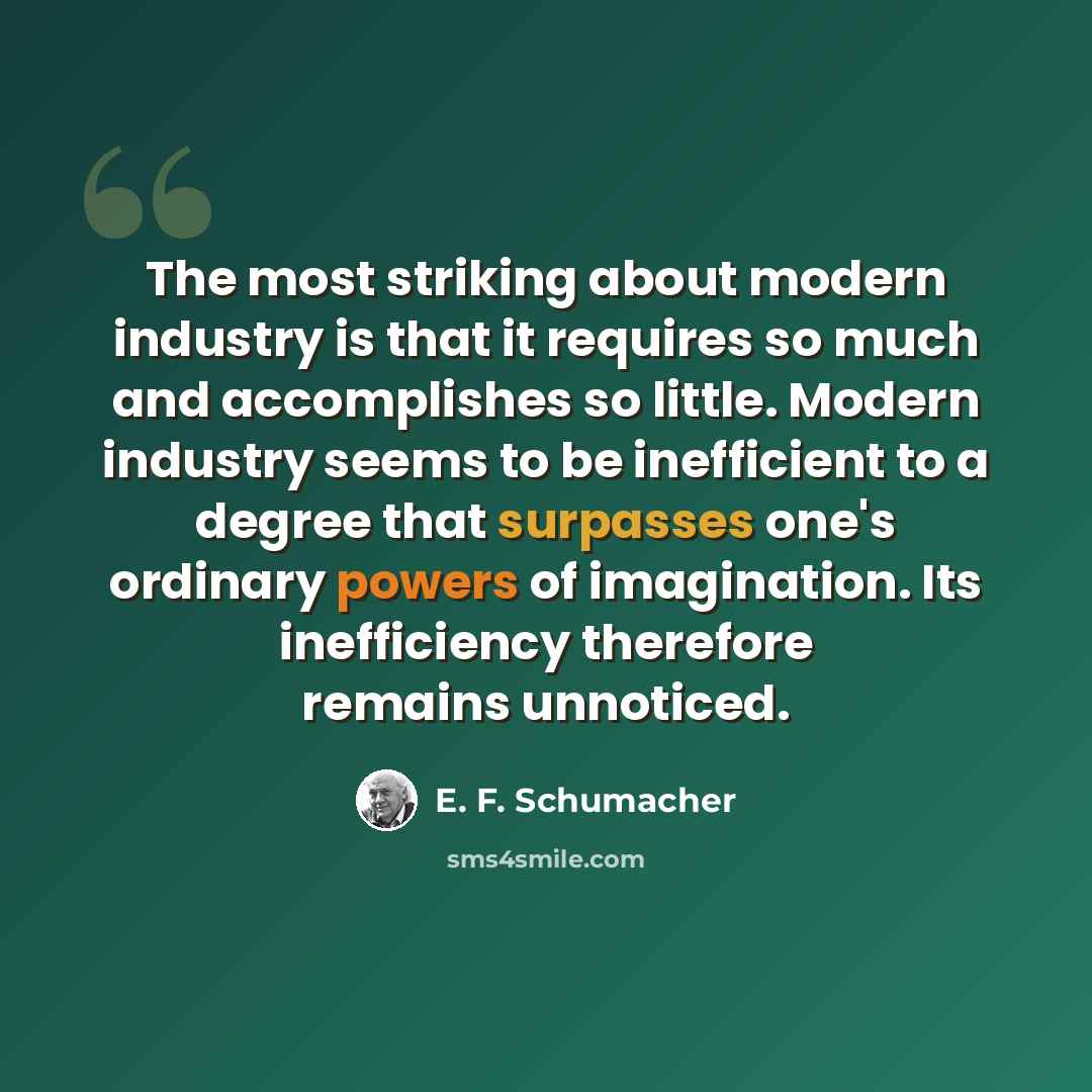 “The most striking about modern industry is that it requires so much and accomplishes so little. Modern industry seems to be inefficient to a degree that surpasses one's ordinary powers of imagination. Its inefficiency therefore remains unnoticed.” quote by E. F. Schumacher